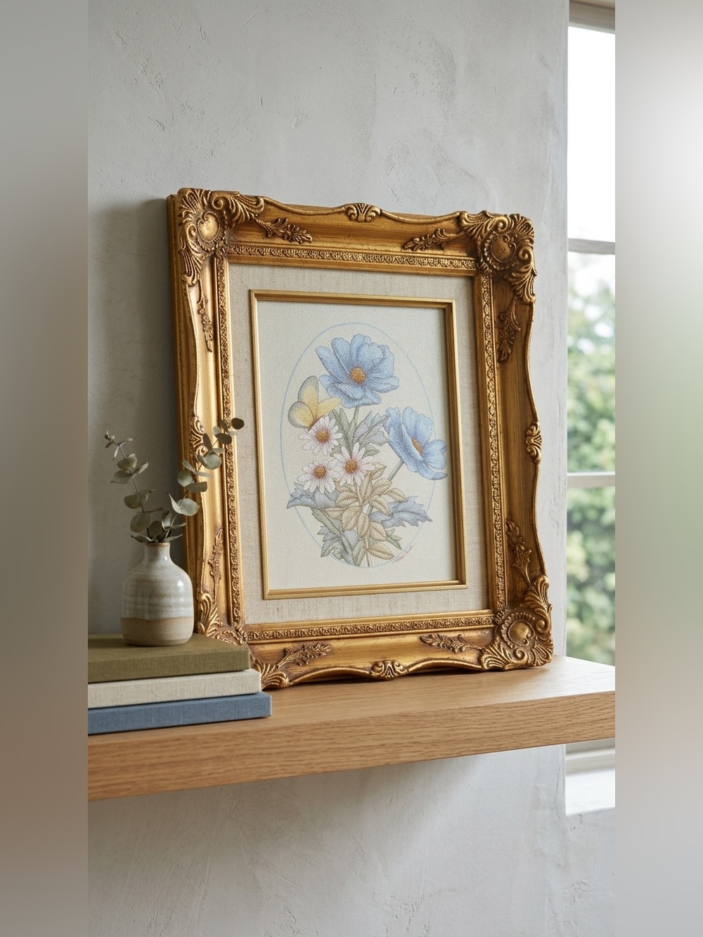 Two Vintage Trudy Hall Floral Prints in Ornate Gold Frame Cottagecore Decor